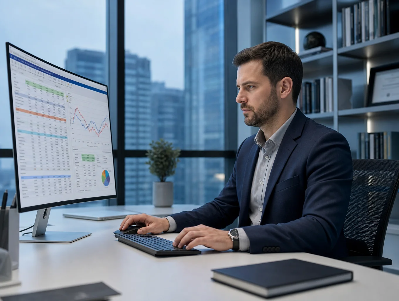 professionele boekhouder aan het werk met tablet en smartphone